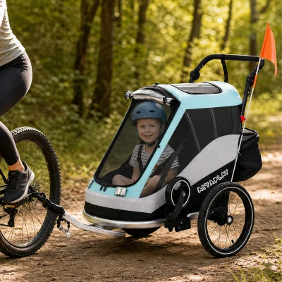 AIYAPLAY 2 in 1 Fahrradanhänger & Buggy Faltbar Kinderfahrradanhänger mit 5-Punkt Gurt Reflektoren 16-Zoll-Luftreifen Bremse