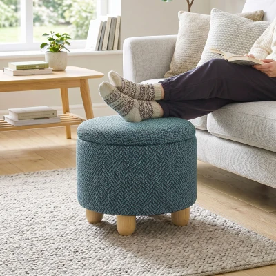 HOMCOM Storage Ottoman Bench Round Rubberwood Legs Dark Blue