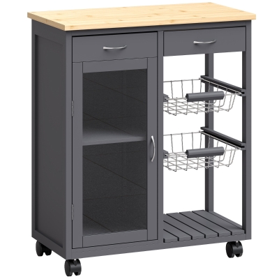 HOMCOM Bamboo Kitchen Trolley Glass Door Adjustable Shelf Grey