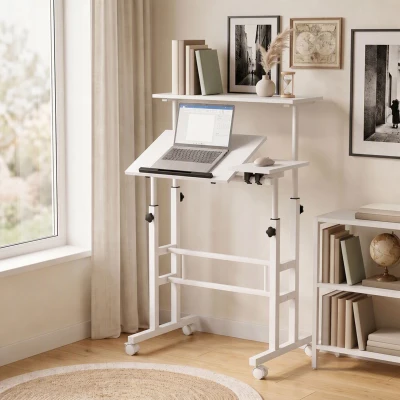 HOMCOM Sitz-Steh-Schreibtisch, höhenverstellbar 70 x 60 cm, mit Rollen und neigbarer Platte, 70x60x70,5-120cm, Weiß