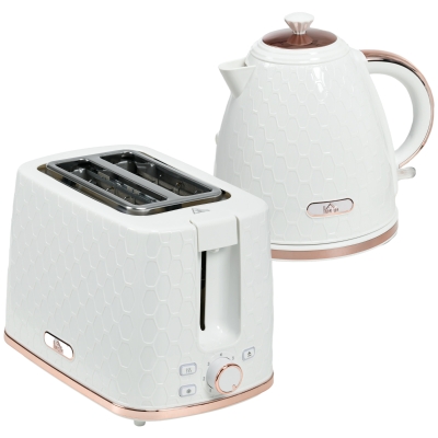 HOMCOM 1.7L 3000W Fast Boil Kettle & 2 Slice Toaster Set, Kettle and Toaster Set with Auto Shut Off, Browning Controls, White
