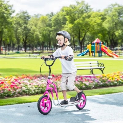 AIYAPLAY Kinderroller met verstelbaar stuur, grote wielen, parkeerstandaard, handrem, voor kinderen van 5-12 jaar, Roze