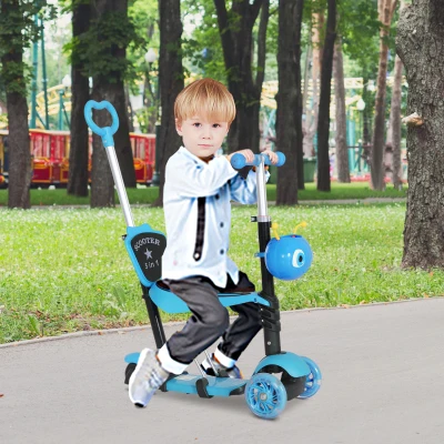 HOMCOM 5-in-1 Kids Mini Kick Scooter Blue with Seat