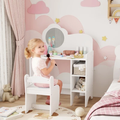 AIYAPLAY Kids Vanity Table with Mirror & Stool, White