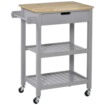 HOMCOM Kitchen Trolley Utility Cart Grey with Rubberwood Top