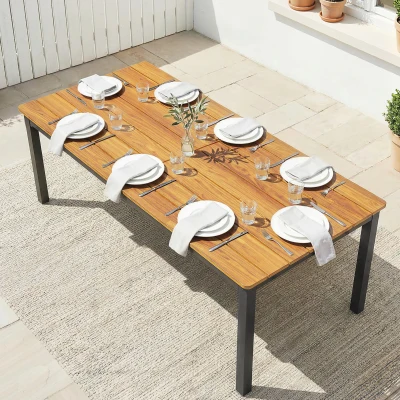 Outsunny Gartentisch 180 x 86 cm für 6-8 Personen Holztisch mit Lamellen-Tischplatte Stahlrahmen Teak