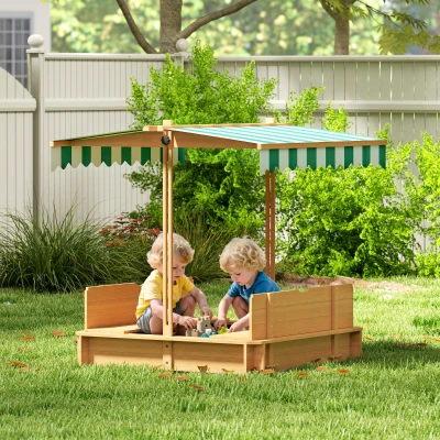 Outsunny Caixa de Areia para Crianças de Madeira com Toldo Ajustável em Altura 2 Bancos e Encostos para Jardim 106x106x121 cm Natural