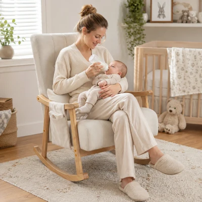 HOMCOM Schommelstoel babykamer Comfortabele Kleine Babywieger Brede Zit Lendekussen Beukenframe Nacht Beige