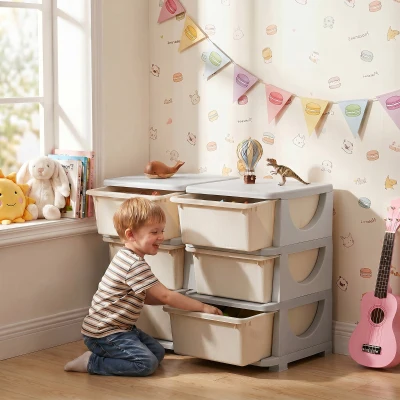 HOMCOM Torre de Almacenamiento Infantil con 6 Cajones Organizador de Juguetes con Bordes Redondeados y Asas 75x37x56,5 cm Crema