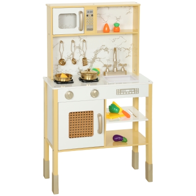 AIYAPLAY Cozinha de Brincar em Madeira com Som Acessórios em Aço Inoxidável Micro-Ondas Forno Lava-Loiças Legumes para Cortar 55x24x96 cm Dourado