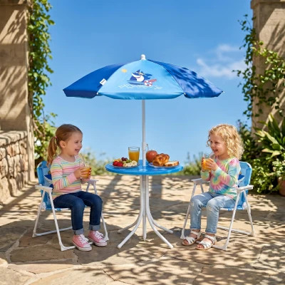 Outsunny Kindersitzgruppe, 4 teilige Kindersitzgarnitur mit Sonnenschirm, Kindertisch mit 2 Klappstühlen, Outdoor Picknicktisch für Kinder 3-6 Jahre, Gartenmöbel für Garten, Hinterhof, Terrasse, Blau