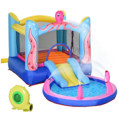 Outsunny Selbstaufblasende Hüpfburg inkl. Gebläse, Flicken, 1 Trampolin, 1 Wasserbecken, 1 Rutsche,  360 x 175 x 180 cm