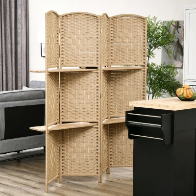 HOMCOM Paravent Bois 4 Panneaux 160x170cm avec Étagères Pliable
