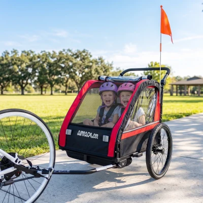 AIYAPLAY Remorque Vélo 2 Places Rouge Guidon Réglable Sécurité