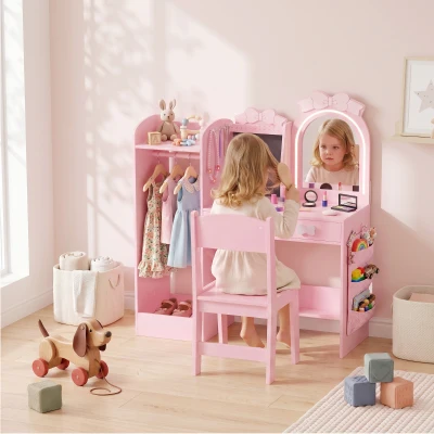 AIYAPLAY Kids Vanity Table Set with Stool Mirror Rack Pink