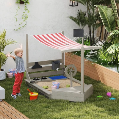 Outsunny Zandbak met Zonnedak in Piratenschip Stijl, Inclusief Keukenspeelset voor Kinderen, Massief Hout, 180 x 103 x 144,5 cm, Grijs