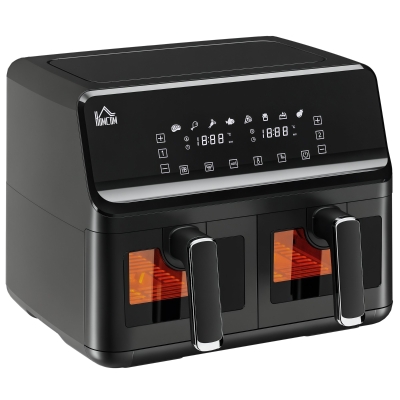 HOMCOM Fritadeira sem Óleo Dupla 8L 2500W com 8 Programas Ecrã LED Tátil Temperatura Ajustável 80-200°C Temporizador e Cesta Antiaderente 38,5x38x30,5 cm Preto