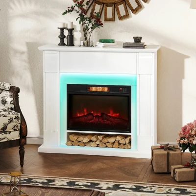 HOMCOM Lareira Elétrica com Efeito de Chama 3D e Tira de Luz LED RGB 1800W Temporizador  para 30 m² 105x27x97 cm Branca