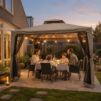 Outsunny Tuinpaviljoen 3x3, Tuin Paviljoen met Dubbel Dak, UV Bescherming voor Familie, Grauw