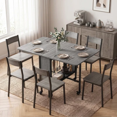 HOMCOM Masă de dining pliabilă pentru 6 persoane, cu raft gri