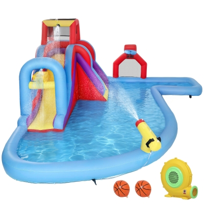 AIYAPLAY Castelo Insuflável Aquático com Insuflador 550W Escorrega Parede de Escalada Piscina Aro de Basquetebol Baliza de Futebol