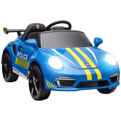 AIYAPLAY Carro Elétrico para Crianças de Polícia  12V com Motor Duplo Sirene Música Sem Fios Buzina Rodas Auxiliares e Faróis LED 105x58x49 cm Azul