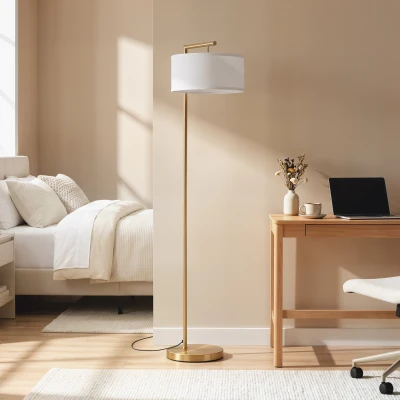 HOMCOM Lámpara de Pie con Pantalla de Tela Lámpara de Pie para Salón con Casquillo E27 (Bombilla no Incluida) Dorado y Blanco
