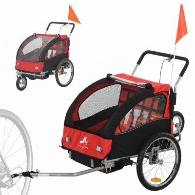 HOMCOM 2-Seat Bike Trailer with Harness Red