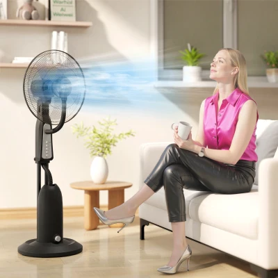 HOMCOM Ventilator met Nevelsprayfunctie, 3 Liter-Tank, 75 Graden Draaibaar, 3 Snelheden, Verrijdbaar, 125 cm, Zwart
