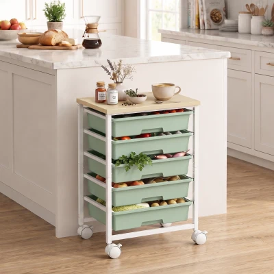 HOMCOM 6-Tier Metal Kitchen Storage Trolley 5 Drawers Green