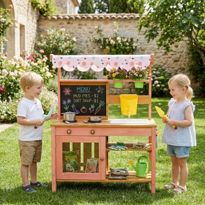 AIYAPLAY Kids Wooden Mud Kitchen with Canopy Pink