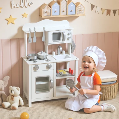 AIYAPLAY Cocina de Juguete de Madera con Sonido Accesorios Fregadero y Microondas para Niños a Partir de 3 Años Blanco