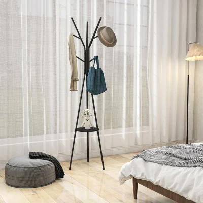 HOMCOM Metal Coat Rack Stand 9 Hooks with Shelf Black