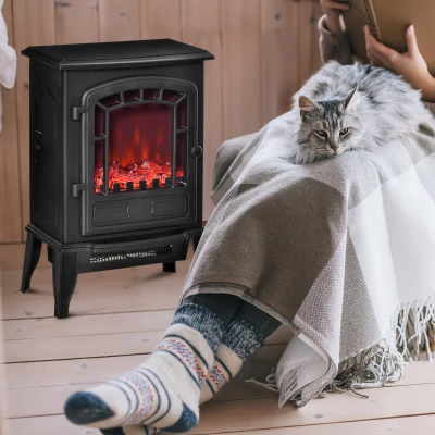 HOMCOM Elektrische Vloerkachel, 2 Warmtestanden, Realistisch Vlammeneffect, Veelzijdig