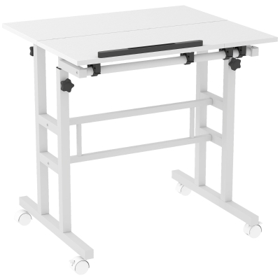 HOMCOM Birou șezut-în picioare, Birou reglabil pe înălțime 70 x 60 cm, pe roți cu blat înclinabil, 70x60x70,5-120cm, Alb
