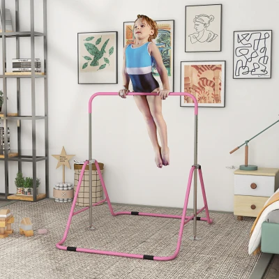 HOMCOM Barra de Ginástica para Crianças Dobrável com Altura Ajustável para Treino em Casa 154x106,2x88,5-128,5 cm Rosa