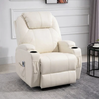 HOMCOM Fernsehsessel Elektrisch Relaxsessel mit Liegefunktion Aufstehhilfe Massage Massagesessel mit verstellbar Rückenlehne Seitentasche Getränkehalter TV Sessel bis 160kg für Wohnzimmer Cremeweiß