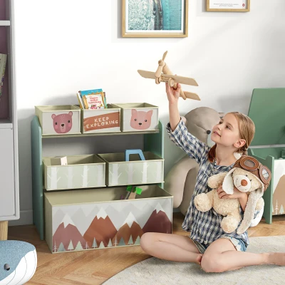 ZONEKIZ Kinderschrank mit 6 Stoffboxen, niedliches Motiv, 63x30x66 cm, Grün