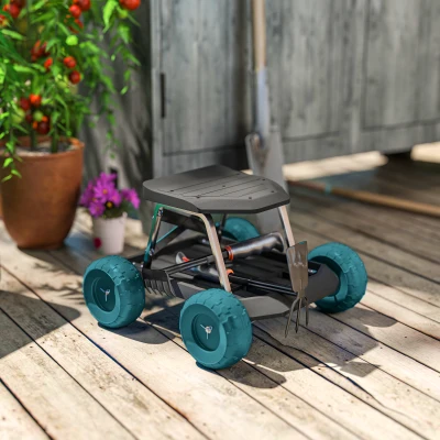 Outsunny Tabouret Jardinage à Roues avec Plateau Outils Vert