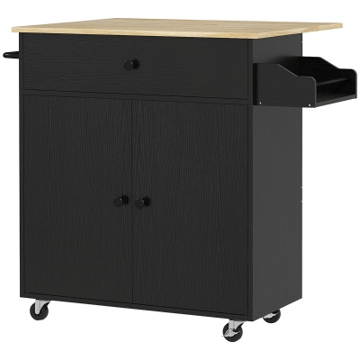 HOMCOM Ilha de Cozinha com Rodas com Lateral Dobrável Gaveta Suporte para Temperos e Prateleira Ajustável 106x42x87 cm Preto e Carvalho