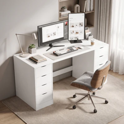 HOMCOM Birou 140 cm cu 8 sertare, masă de birou modernă cu spațiu de depozitare, aspect lemn alb