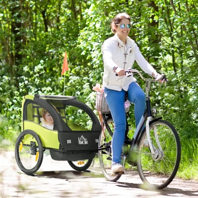 HOMCOM Reboque de Bicicleta para Crianças de 2 Lugares com Cinto de Segurança e Sistema de Amortecimento 140x88x90 cm Verde
