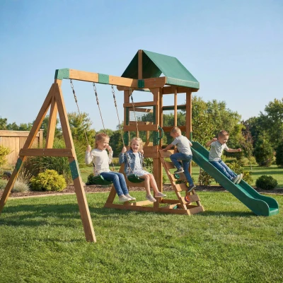AIYAPLAY Spielturm Klettergerüst Holz Schaukelgestell mit Rutsche 2 Schaukeln Kletterwand für 3-8 Jahre 315x284x233 cm Grün