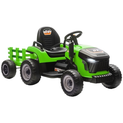 AIYAPLAY Trator Elétrico para Crianças com Reboque Desmontável Bateria 12V Velocidade 3-5 km/h Controle Remoto 2,4G 139x58x55 cm Verde