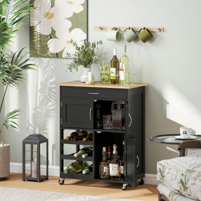 HOMCOM Kitchen Trolley Storage Cart Wine Rack Cabinets Black
