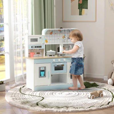 AIYAPLAY Cozinha de Madeira para Crianças com Sons Lavatório Micro-Ondas Máquina de Gelo e Acessórios 88,6x31,7x90,4 cm Branco
