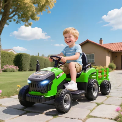 AIYAPLAY Trator Elétrico para Crianças com Reboque Desmontável Bateria 12V Velocidade 3-5 km/h Controle Remoto 2,4G 139x58x55 cm Verde