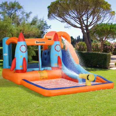 Outsunny Opblaasbaar Springkasteel met Blower voor 4 Kinderen Raketpatroon