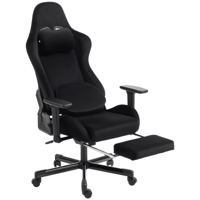 HOMCOM Silla Gaming Ergonómica con Masaje y Cojín Lumbar Calefactable, Sillón Gaming Reclinable en Lino, Reposabrazos 4D, Negro