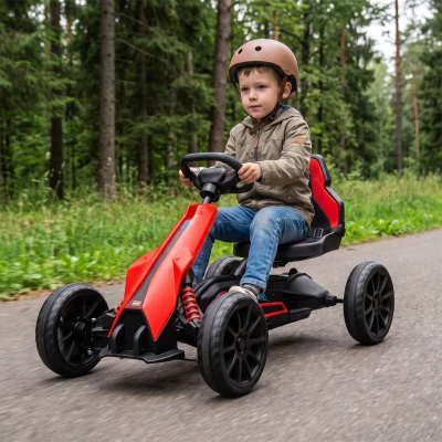 HOMCOM Go Kart Elétrico para Crianças Kart a Bateria 12V Velocidade Ajustável 3-5 km/h e Cinto de Segurança 100x58x58,5 cm Vermelho